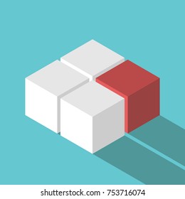 Isometric red unique missing cube. Leadership, solution and uniqueness concept. Flat design. Vector illustration, no transparency, no gradients