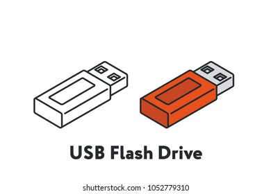 Isometric Red USB Flash Drive Memory Minimal Flat Line Outline Stroke Icon