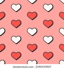 Isometric red and white hearts with black outline on pink background. Vector seamless pattern. Best for textile, wallpapers, wrapping paper, package and St. Valentine's Day decoration.