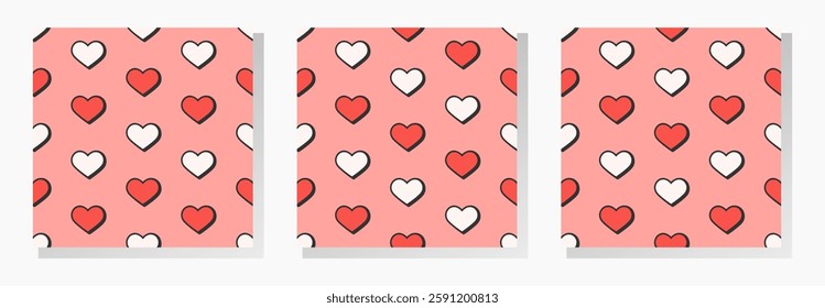 Isometric red and white hearts with black outline on pink background. Vector seamless patterns collection. Best for textile, wallpapers, wrapping paper, package and St. Valentine's Day decoration.