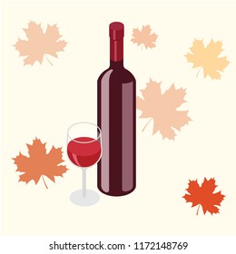 Isometric red, wine bottle with glass on white background