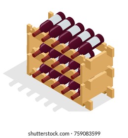 Isometric Red wine bottles stacked on wooden racks. Vector illustration isolated on white background