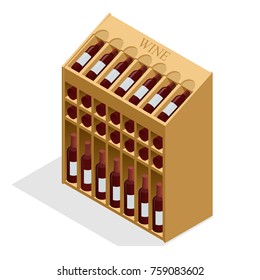 Isometric Red wine bottles stacked on wooden racks. Vector illustration isolated on white background