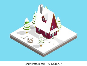 isometric red wooden house with trees in winter