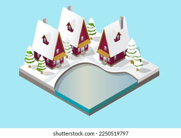 isometric red wooden house with trees in winter
