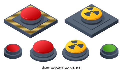 Isometric red, yellow and green buttons. Radiation symbol.