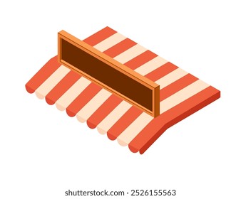 Isometric red-and-white striped awning with place for sign, market stall, designed for use in retail or vendor stall setups. Suitable for outdoor market or local business Vector illustration.