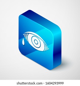 Isometric Reddish eye due to viral, bacterial or allergic conjunctivitis icon isolated on white background. Blue square button. Vector Illustration
