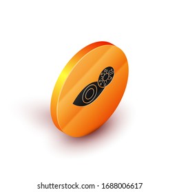 Isometric Reddish eye due to virus, bacterial or allergic conjunctivitis icon isolated on white background. Orange circle button. Vector Illustration
