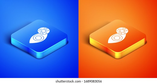 Isométrico Ojo rojizo debido al virus, el icono de conjuntivitis bacteriana o alérgica aislado en el fondo azul y naranja. Botón cuadrado. Ilustración vectorial