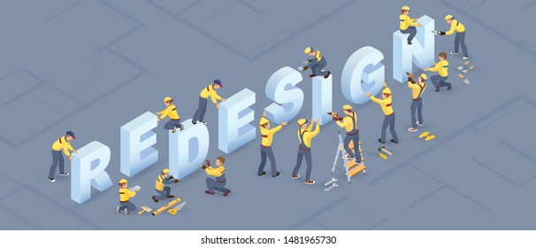 Isometric redesign services concept. Workers, tools and isometric word Redesign. Builders in uniform installed letters. Home renovation or house repair. Vector flat 3d illustration isolated on grey.