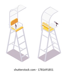 Isometric referee umpire chair with a canopy for volleyball, water polo, tennis, badminton from front and back view