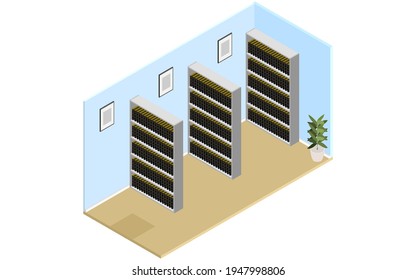 Isometric, a reference room full of materials on a bookshelf