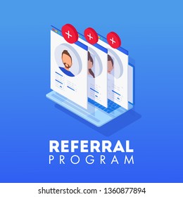 Isometric Referral marketing concept, referral program strategy, referring friends, network marketing