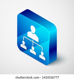Isometric Referral marketing icon isolated on white background. Network marketing, business partnership, referral program strategy. Blue square button. Vector Illustration
