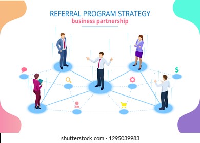 Isometric Referral Marketing, Network Marketing, Referral Program Strategy, Referring Friends, Business Partnership, Affiliate Marketing Concept.