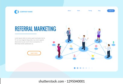 Isometric Referral marketing, network marketing, referral program strategy, referring friends, business partnership, affiliate marketing concept.