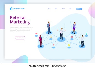 Comercialización Isometric Referral, marketing en red, estrategia de programa de referencia, amigos de referencia, sociedad de negocios, concepto de marketing afiliado.