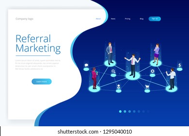 Isometric Referral marketing, network marketing, referral program strategy, referring friends, business partnership, affiliate marketing concept.