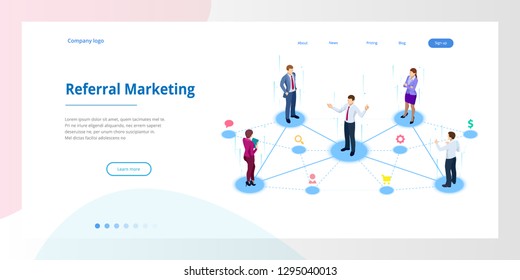 Isometric Referral marketing, network marketing, referral program strategy, referring friends, business partnership, affiliate marketing concept.