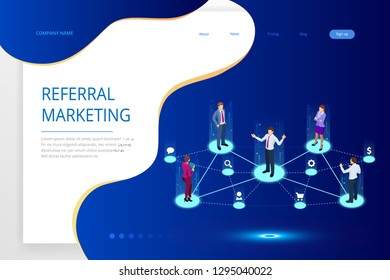 Isometric Referral marketing, network marketing, referral program strategy, referring friends, business partnership, affiliate marketing concept.