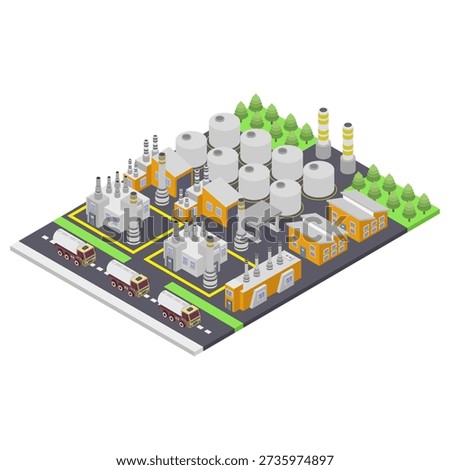Isometric refinery plant illustrated on white background