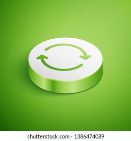Isometric Refresh icon isolated on green background. Reload symbol. Rotation arrows in a circle sign. White circle button. Vector Illustration