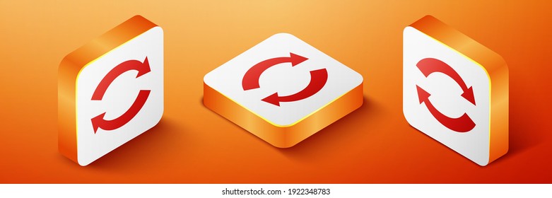 Isometric Refresh Icon Isolated On Orange Background. Reload Symbol. Rotation Arrows In A Circle Sign. Orange Square Button. Vector.