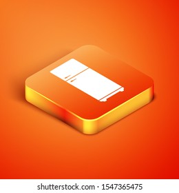 Isometric Refrigerator icon isolated on orange background. Fridge freezer refrigerator. Household tech and appliances.  Vector Illustration