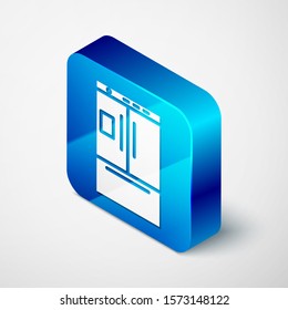 Isometric Refrigerator icon isolated on white background. Fridge freezer refrigerator. Household tech and appliances. Blue square button. Vector Illustration