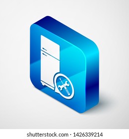 Isometric Refrigerator with screwdriver and wrench icon isolated on white background. Adjusting, service, setting, maintenance, repair, fixing. Blue square button. Vector Illustration