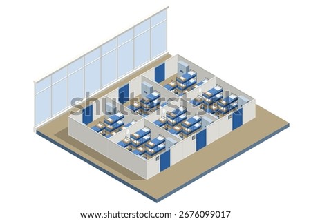 Isometric refugee camp interior with bunk beds and partitions, showing temporary housing for displaced people in crisis situations.