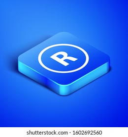 Isometric Registered Trademark icon isolated on blue background. Blue square button. Vector Illustration