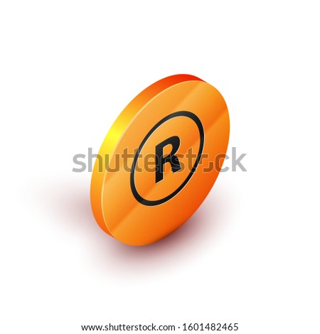 Isometric Registered Trademark icon isolated on white background. Orange circle button. Vector Illustration