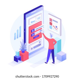 Isometric Registration Form Or Login User Interface. A Man Stands In Front Of Inputted Secured Data.