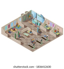 Isometric rehabilitation center for patients with disabilities. Physical therapists help handicapped do exercise for the treatment of injury, fitness therapy and massage. Medical hospital interior.