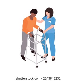 Isometric rehabilitation clinic icon with nurse helping patient with walkers 3d vector illustration