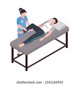 Isometric rehabilitation icon with patient and physiotherapist massaging injured leg 3d vector illustration