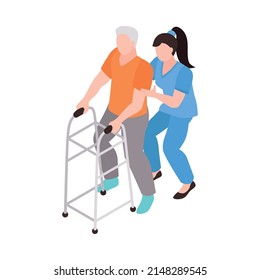 Isometric rehabilitation physiotherapy icon with therapist helping senior man with walkers 3d vector illustration