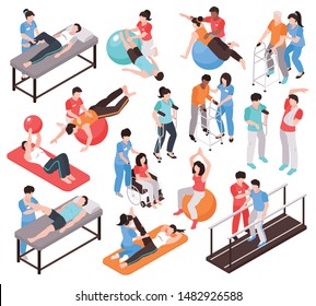 Isometric rehabilitation physiotherapy people set of isolated faceless characters of doctors and patients on blank background vector illustration