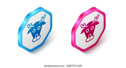 Isometric Reindeer icon isolated on white background. Merry Christmas and Happy New Year. Hexagon button. Vector