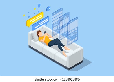 Isometric relaxed woman on the couch at home, she is using a smartphone and texting. Communication in social networks, chatting and texting