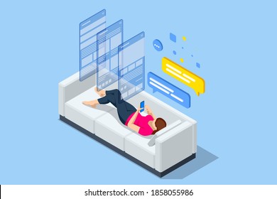 Isometric relaxed woman on the couch at home, she is using a smartphone and texting. Communication in social networks, chatting and texting