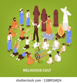 Isometric religious cult background composition of human characters of people practising different religions and fringe groups vector illustration