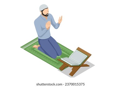 Isometric Religious muslim man praying inside the mosque. Kuran or Quran , the holy book of all Muslim Worship, making traditional prayer to God.