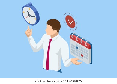 Recordatorio isométrico, Cita de planificación de día en la aplicación Calendar. Empresario administra tiempo para un trabajo efectivo