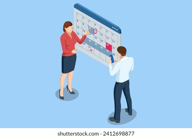Isometric Reminder, Planning Day Scheduling Appointment in Calendar Application. Businessman Manages Time for effective Work