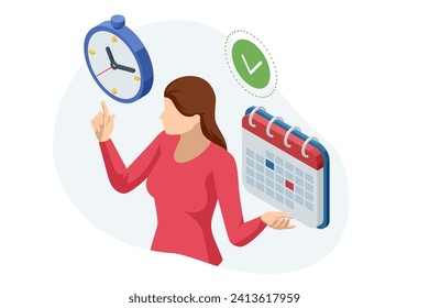 Isometric Reminder, Planning Day Scheduling Appointment in Calendar Application. Business woman Manages Time for effective Work