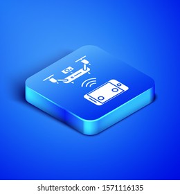 Isometric Remote aerial drone with a camera taking photography or video recording icon isolated on blue background. Blue square button. Vector Illustration