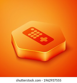 Isometric Remote control icon isolated on orange background. Orange hexagon button. Vector Illustration
